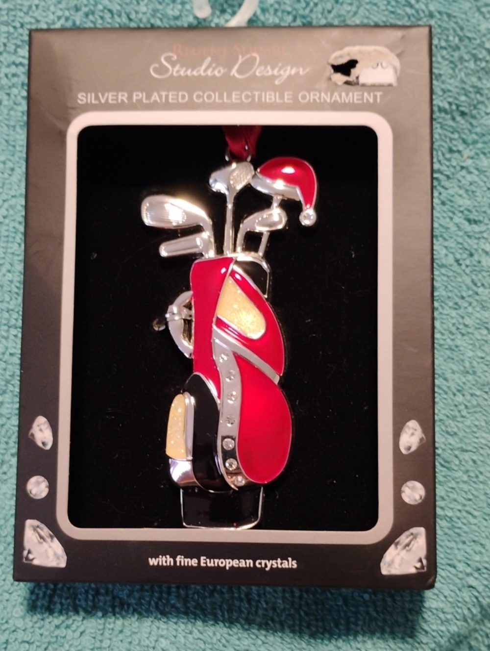 Red Silver Golf Bag Holiday Ornament with Crystals